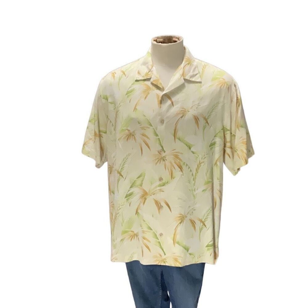 Tommy Bahama Yellow Silk Short Sleeve Button Front Hawaiian Casual Shirt Sz L